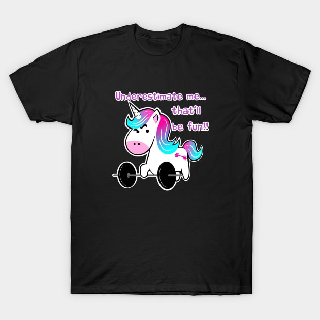Barbell unicorn, gym girl, fitness girl T-Shirt by TimAddisonArt